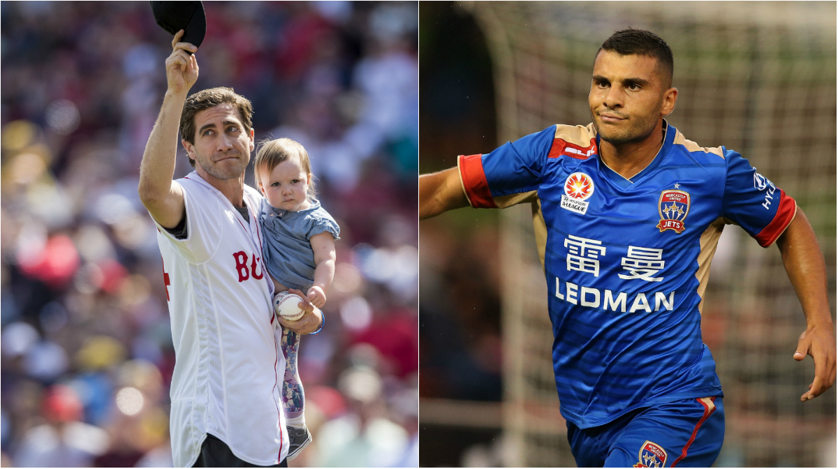 Actor Jake Gyllenhaal and Newcastle Jets' Andrew Nabbout.
