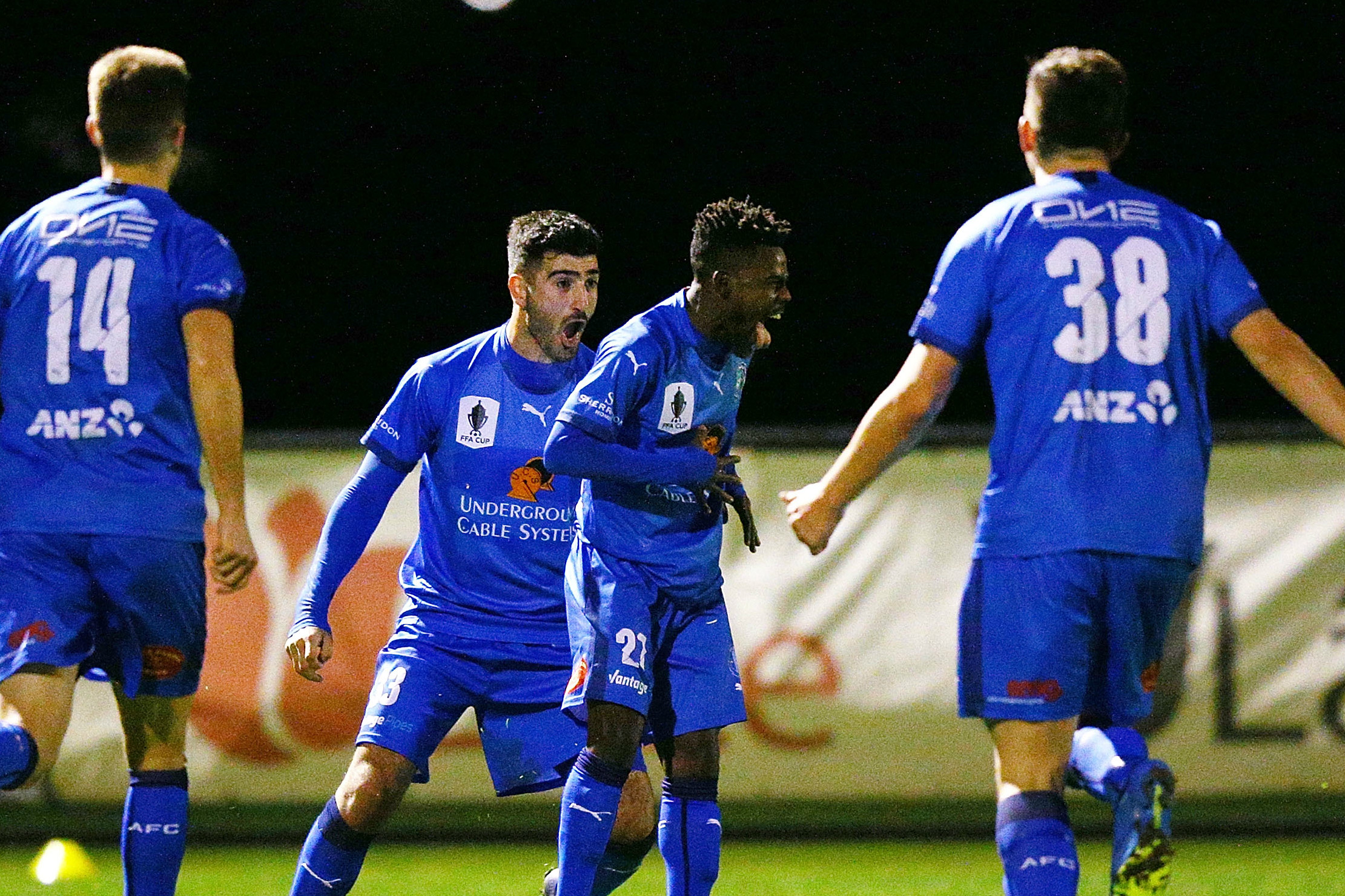 Kamsoba celebrates a goal in this year's FFA Cup.