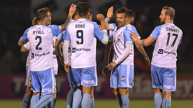 Sydney FC players celebrate a goal in the Semi-Final win over Canberra Olympic.