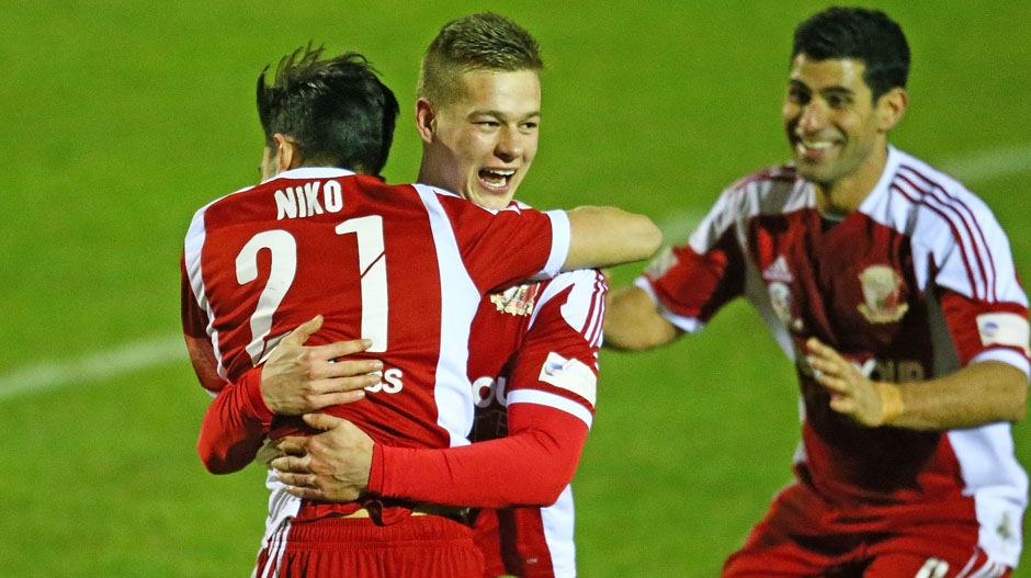 Marcus Schroen celebrates scoring during Hume City's 3-1 win over Sydney Olympic.