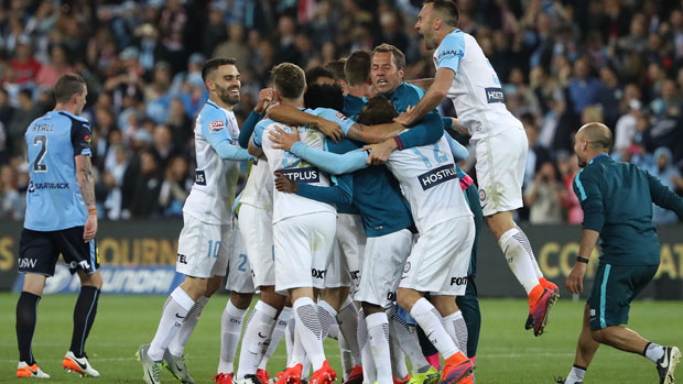 City players celebrate after their 1-0 win over Sydney FC.