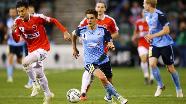 George Blackwood surges clear for Sydney FC against Wollongong Wolves.