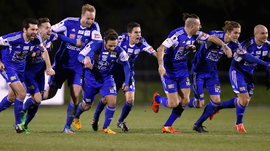 The Cannons celebrate winning in a penalty shoot out against FNQ Heat.