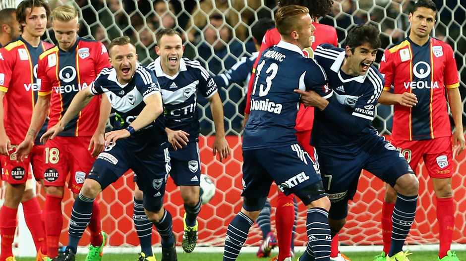 Victory players celebrate Gui Finkler's stunning opener against the Reds.