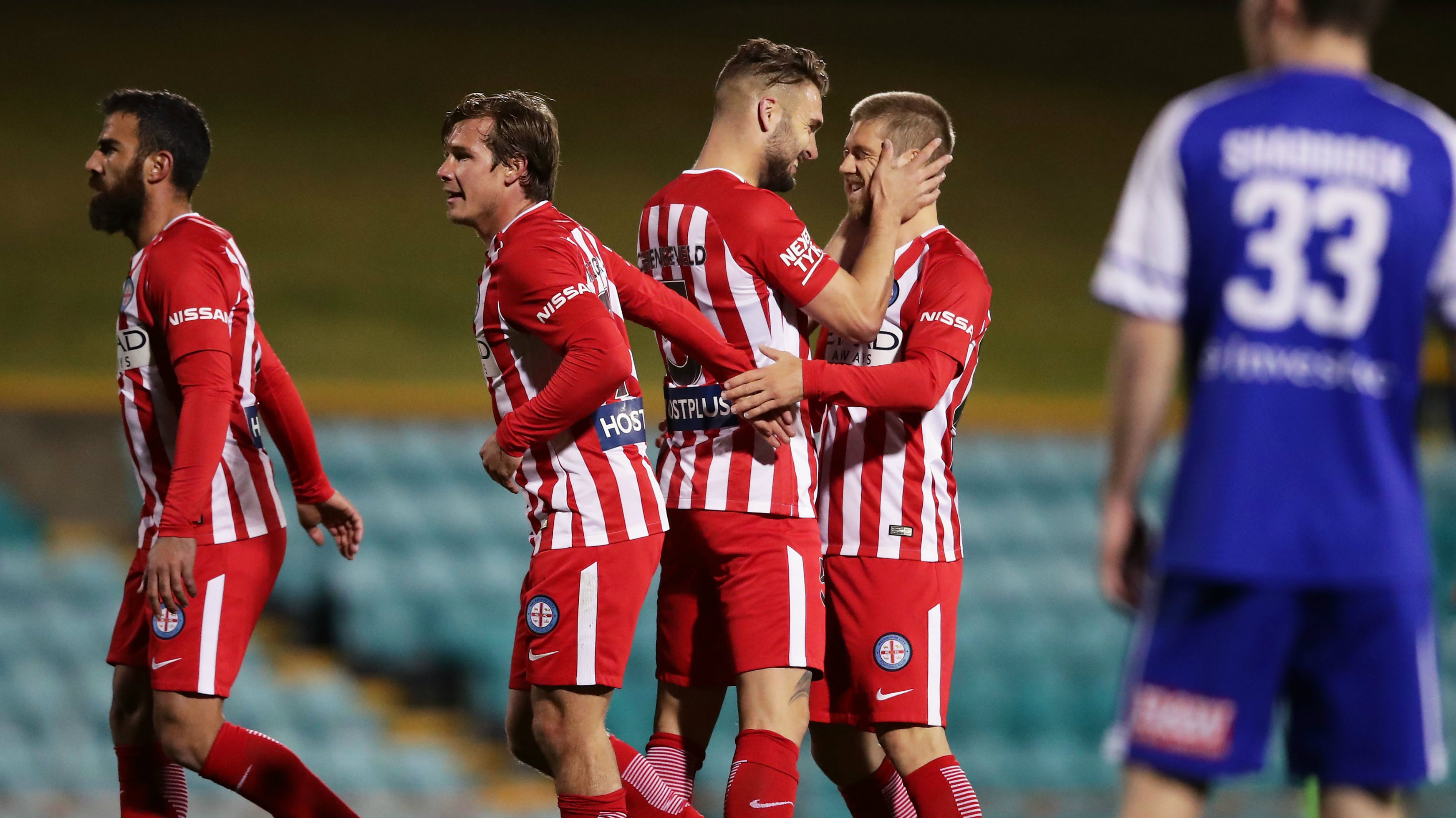 Melbourne City players celebrate a goal in their Round of 16 win over Hakoah.