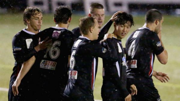 Blacktown City players celebrate scoring the Westfield FFA Cup.