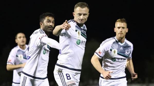 Besart Berisha celebrates the opening goal in Victory's clash with Hume City.