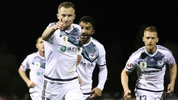 Melbourne Victory striker Besart Berisha celebrates scoring in the FFA Cup Round of 16.